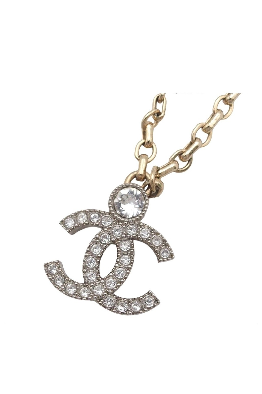 Chanel Necklace CC Logo Silver Gold Metal Rhinestone